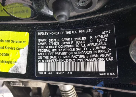 2017 Honda Civic Sport from USA, damaged, VIN SHHFK7H41HU234552